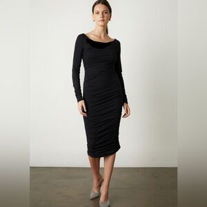 Velvet by Graham & Spencer Black Ribbed Viscose Jersey Ruched Midi Dress Size M